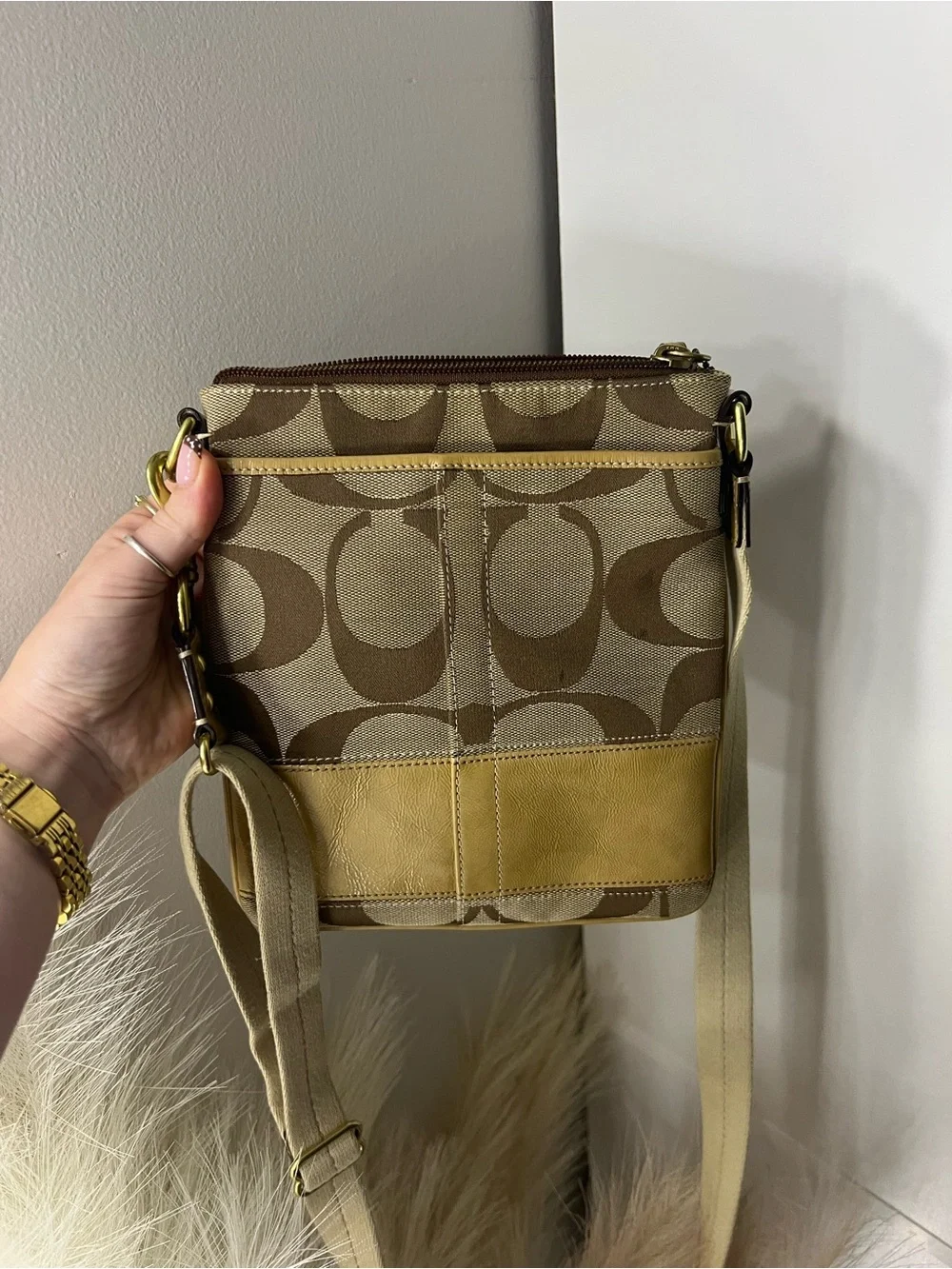 Coach Brown Signature Crossbody with Yellow-Tan Leather Trim
